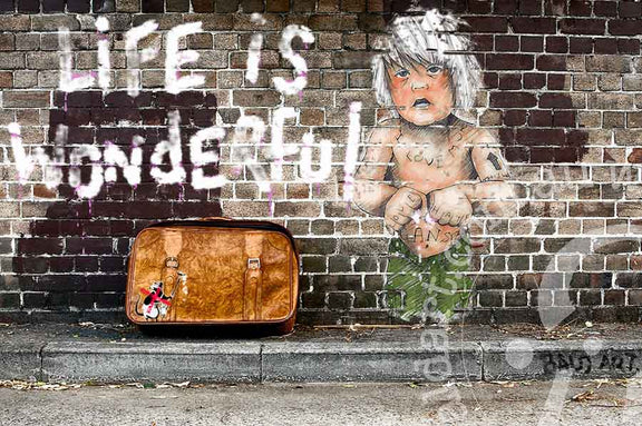 Uplifting wall art print on canvas Life is Wonderful featuring happy graffiti decor with bold typography and textured paint drips.
