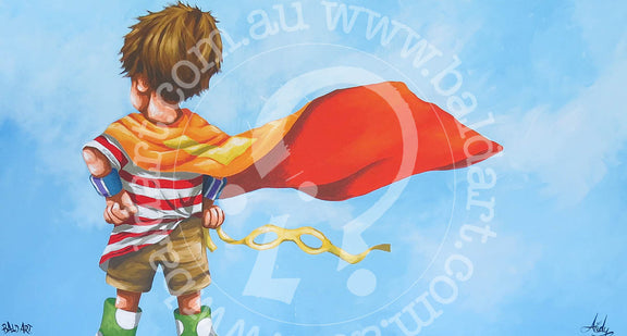 Kids motivational art featuring a young girl in a red cape and yellow mask in a powerful, heroic standing pose.